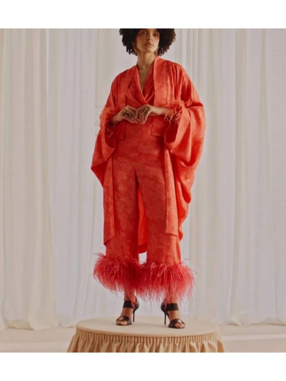 Zara MARISA BERENSON ZW Pants Feather Trim Trousers Orange Textured Large NWT